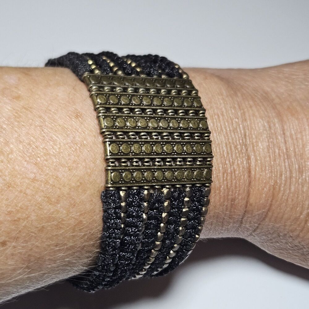 Bronze Tone Beaded And Black Macrame Wrap Bracelet